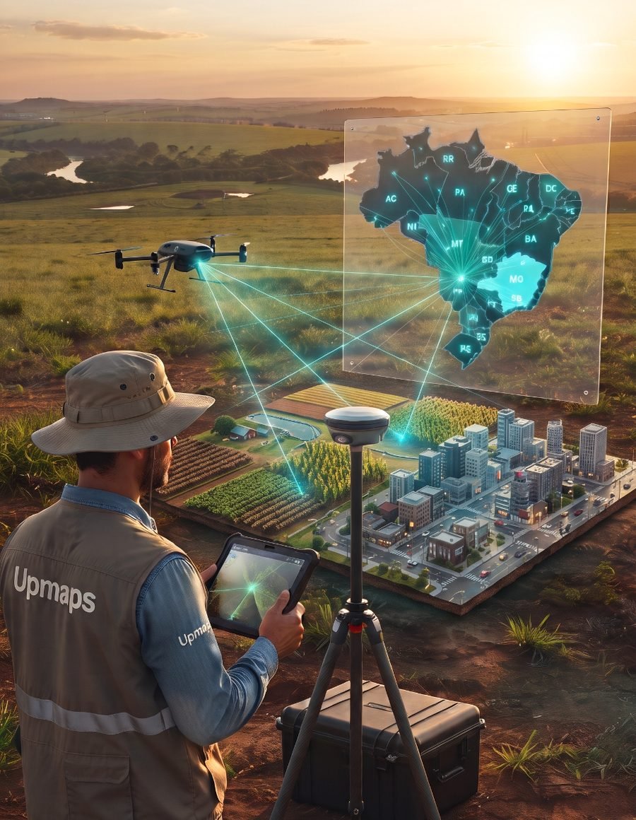 Especialista da Upmaps em campo com drone, receptor GNSS e tablet, diante de mapa do Brasil com mais de 10 estados conectados à sede