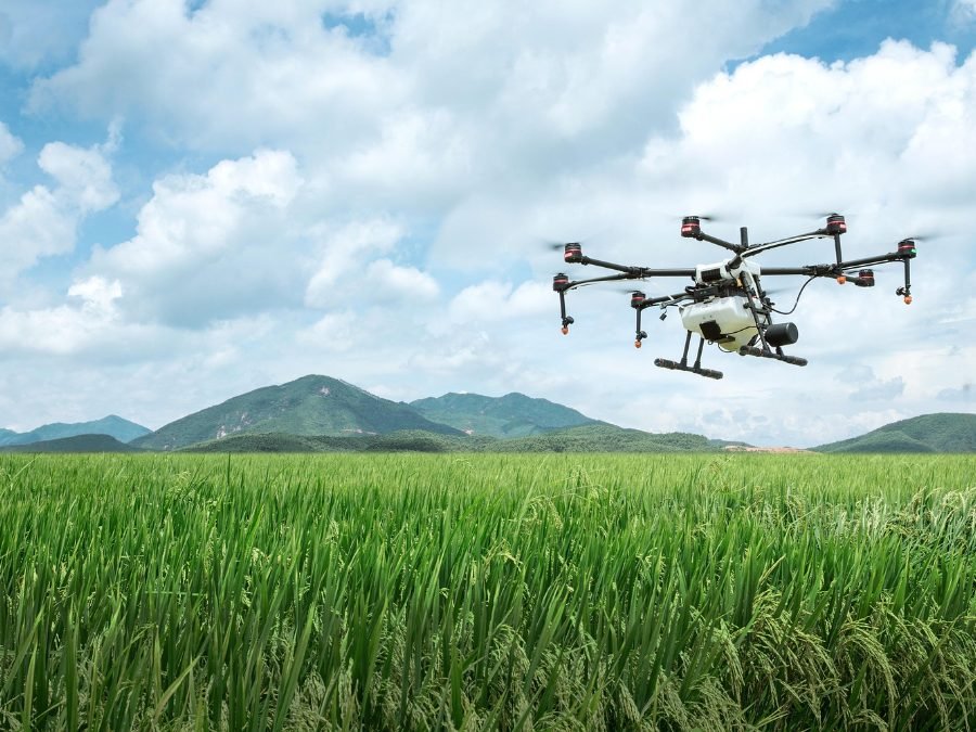Drone de pulverização agrícola aplicando defensivo sobre a lavoura